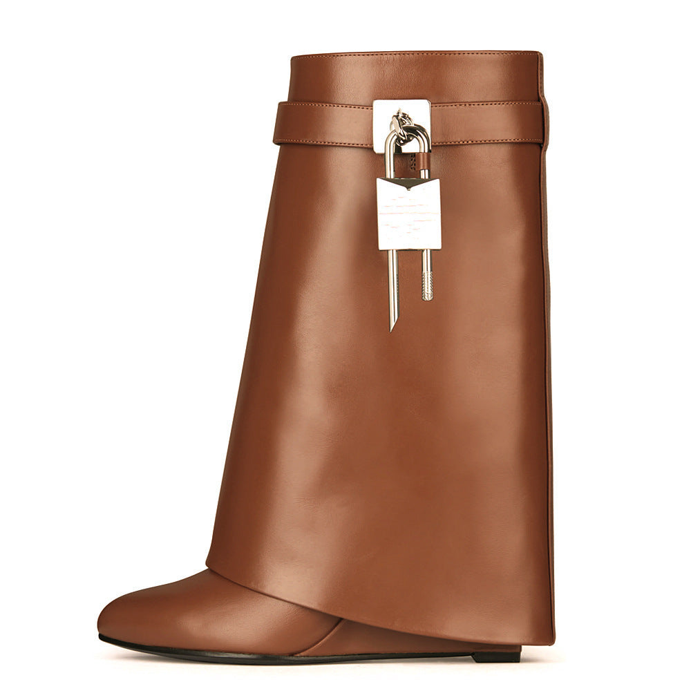 WW | Damenmode Schräge Ferse Rundzehen Lederoberfläche Hoher Absatz Reißverschluss Kurze Stiefel