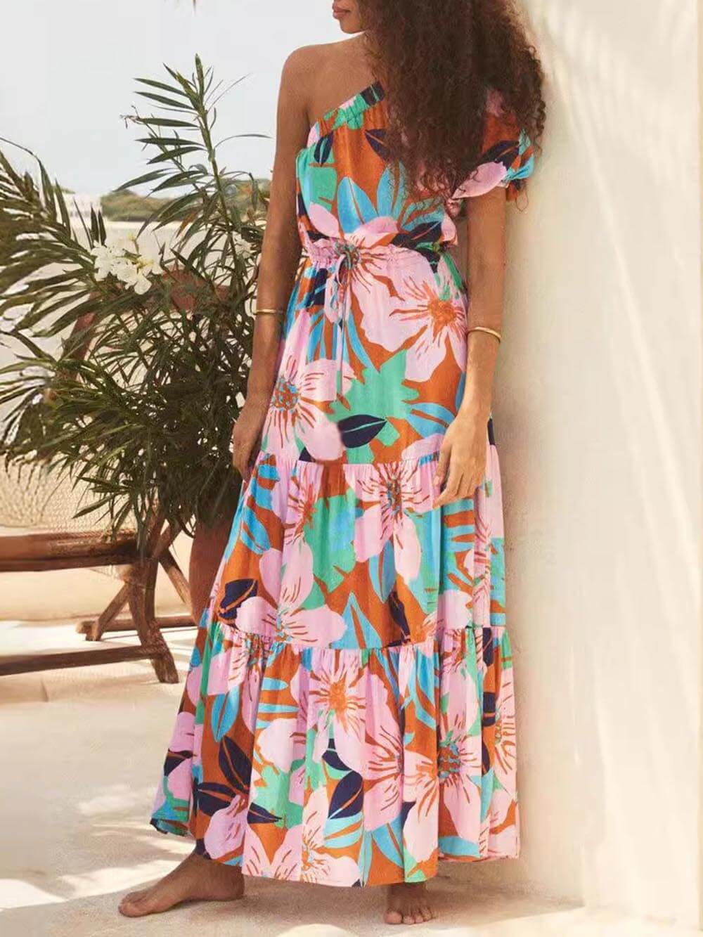 Off-the-shoulder Dress with Palm Leaf Print and Floral Vacation Style