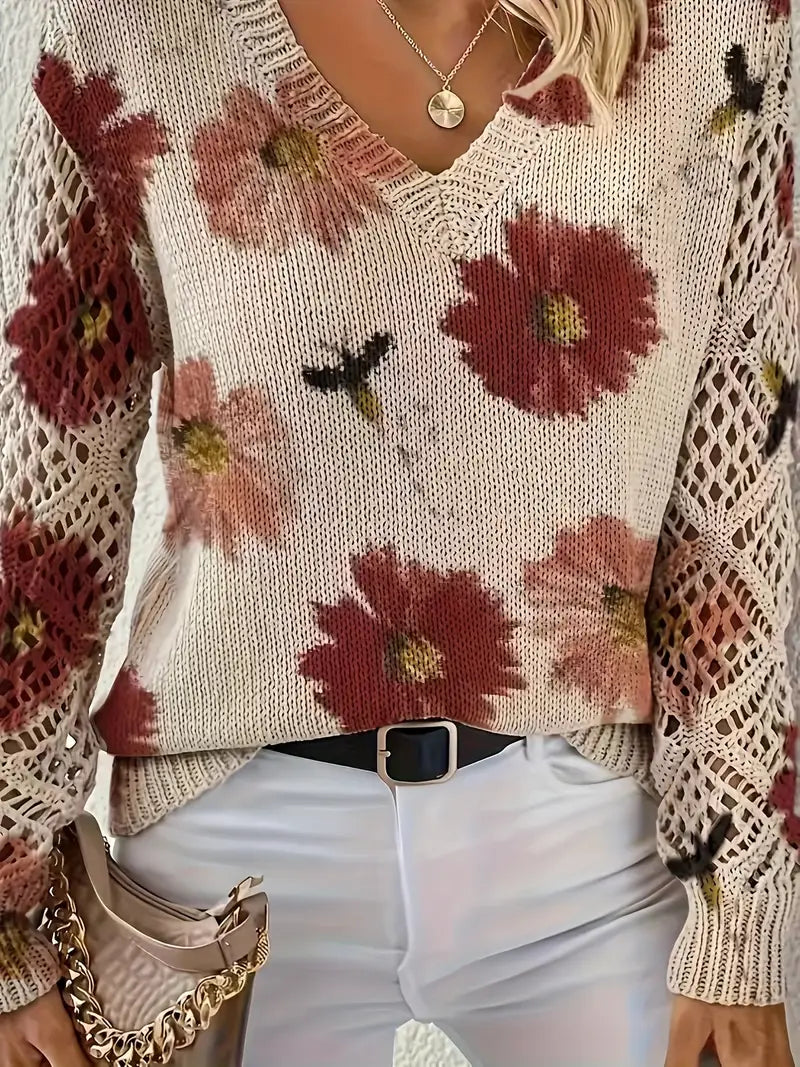 Rayuela Elegant Floral Print Sweater - Red