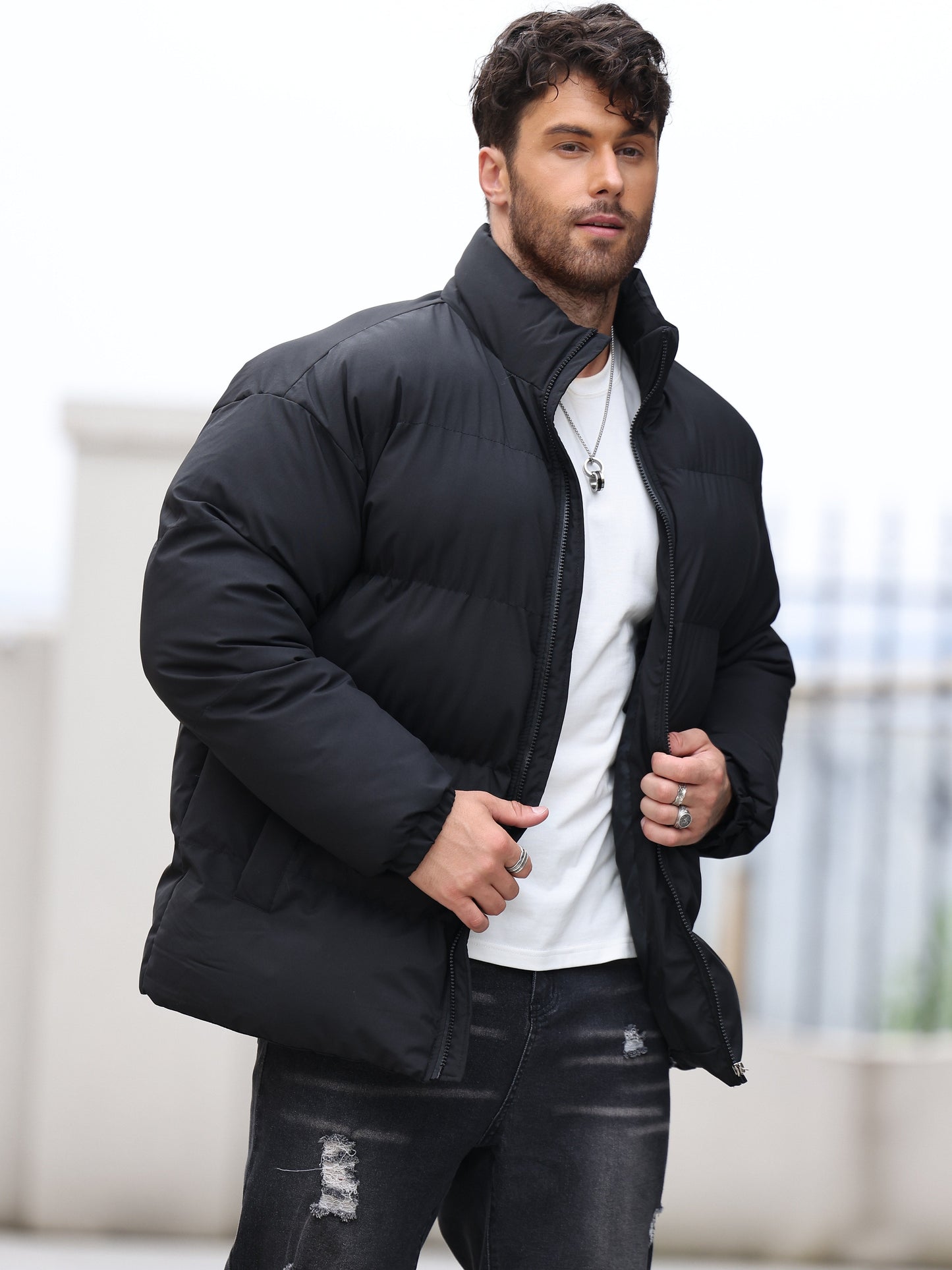 WW | Men's Winter Down Jacket with Zipper and High Collar - Perfect for Outdoor Activities