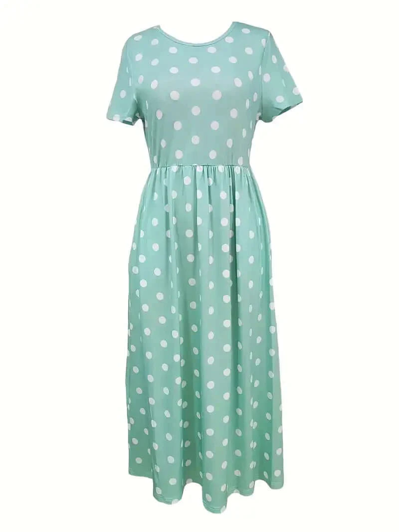 WW | Luftig, Kurzärmliges, Gepunktetes Kleid mit Rundhalsausschnitt