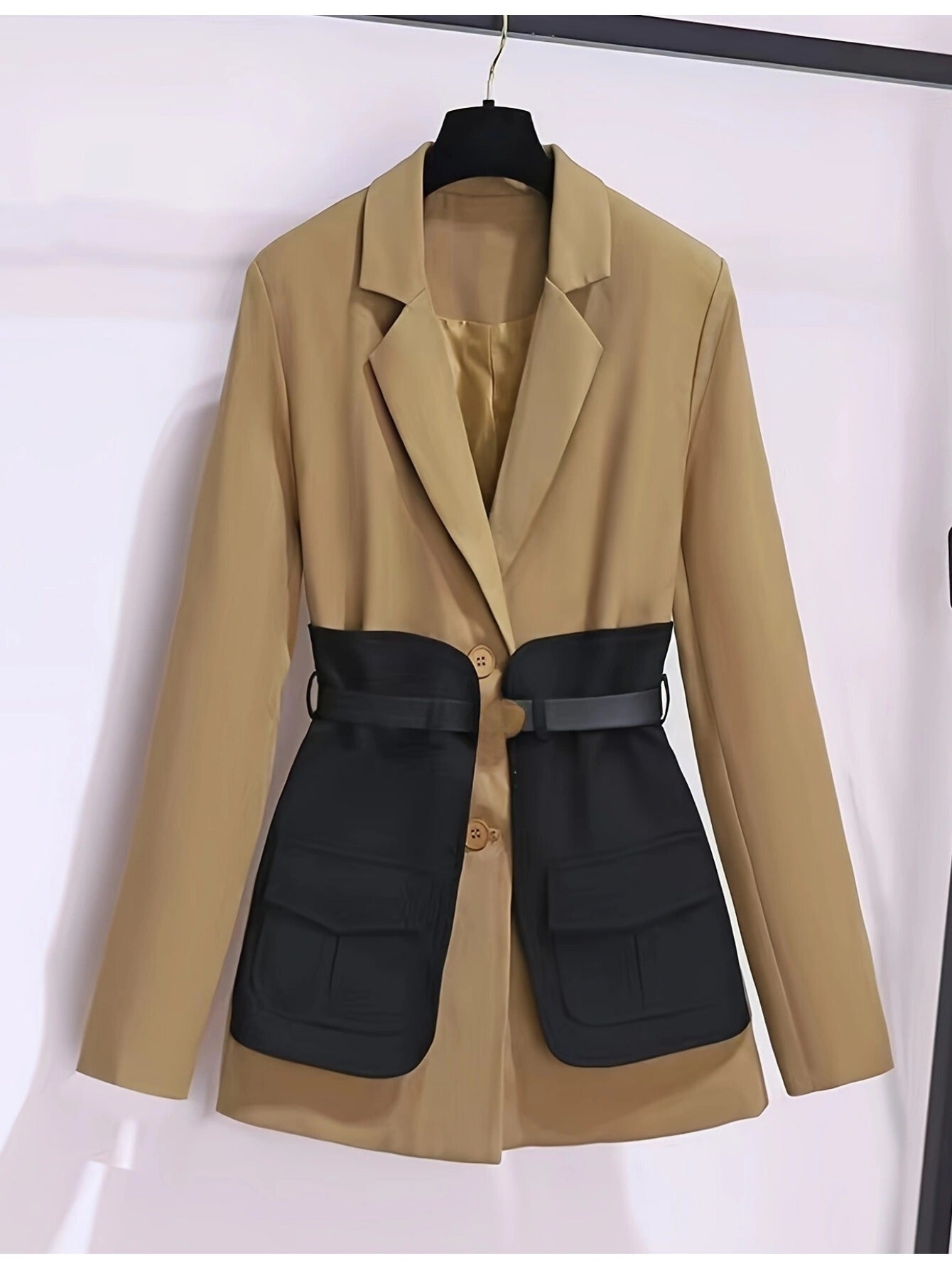 WW | Elegant French-Inspired Color Block Trench Coat for Women with British Style and Polyester Fabric - Perfect for Casual Days