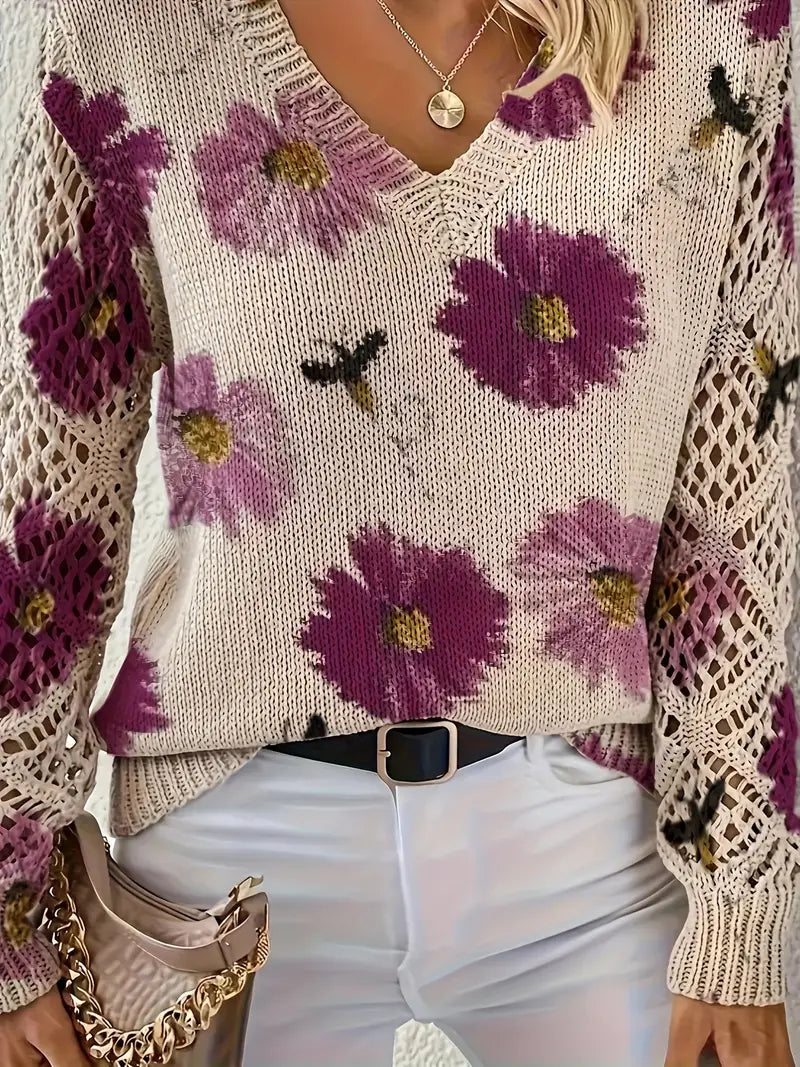 Rayuela Elegant Floral Print Sweater - Lilac