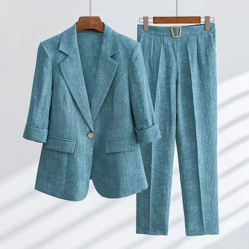 WW | Herbst Damen Leinen 2 Teile Blazer Set mit Gürtel