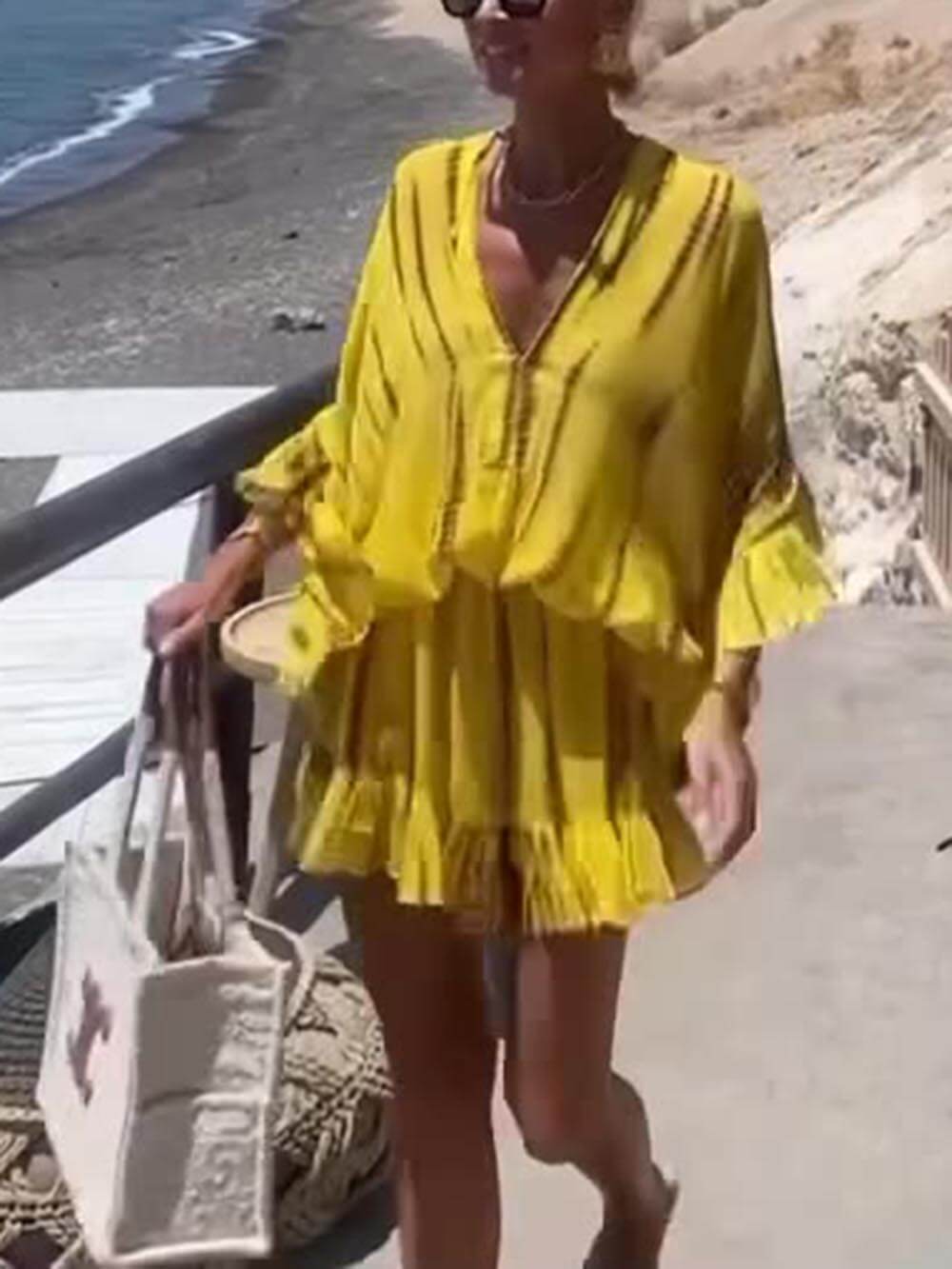 Unique Tie-Dye Minidress with Ruffles, Batwing Sleeves, and Elastic Waistband