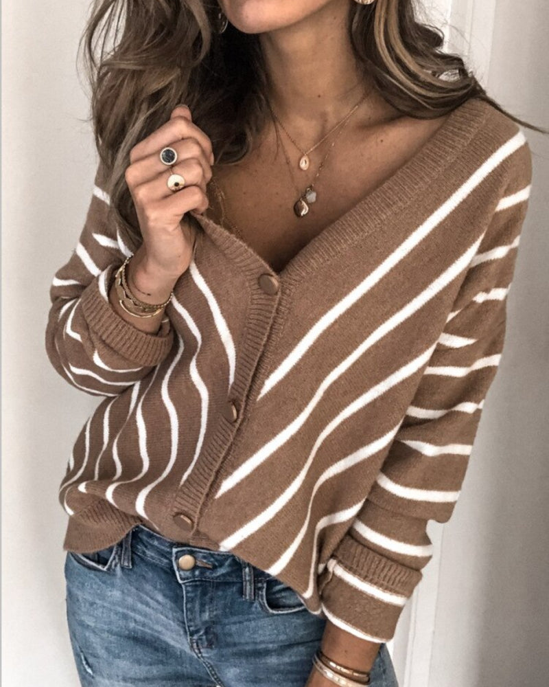 WW | Cardigan - Strickweiche Qualität - V-Ausschnitt - Knopfverschluss - Gestreiftes Design - Lange Ärmel