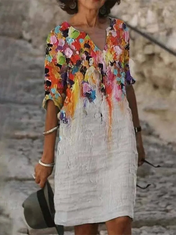 WW | Damenkleid Aus Baumwolle Und Leinen Mit Ausschnitt Und Druck Mit Ölgemälde