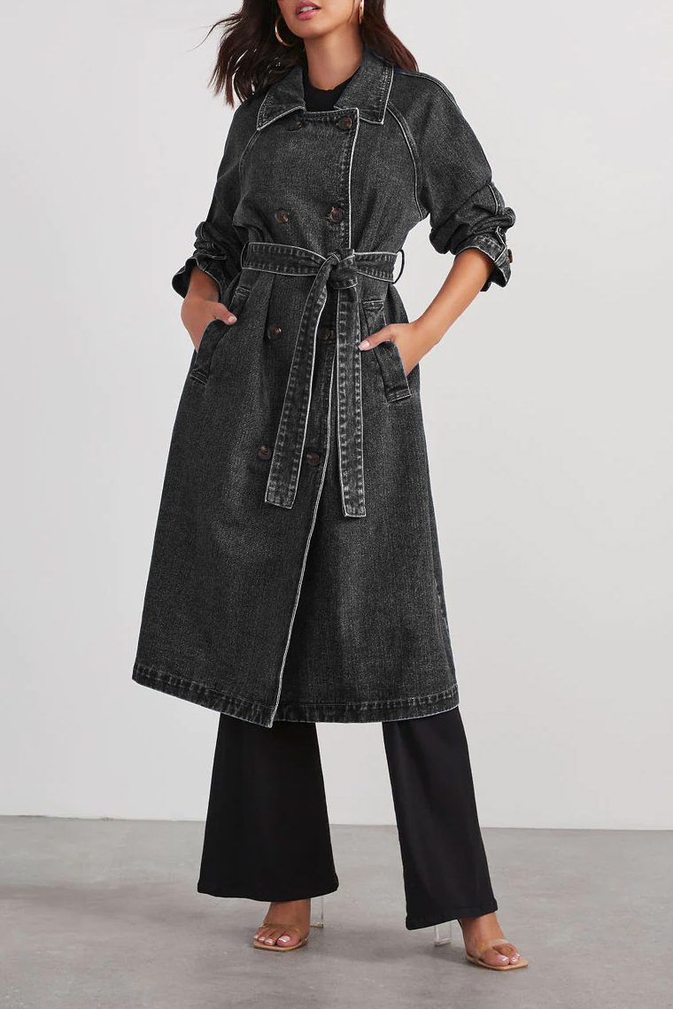 WW | Denim Trenchcoat - Langarm Gürtel Design - Lässige Chic Oberbekleidung