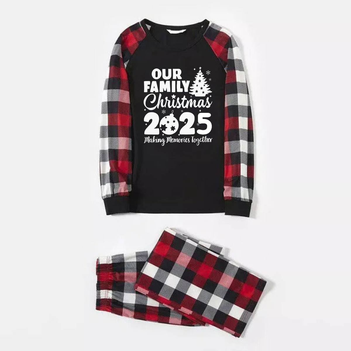WW | Christmas Sweet Cartoon Santa Hat Pattern and '2025 FAMILY Christmas' Letter Print Contrast Tops and Red & Black & White Plaid Pants Family Matching Pajamas Set with Dog Bandana