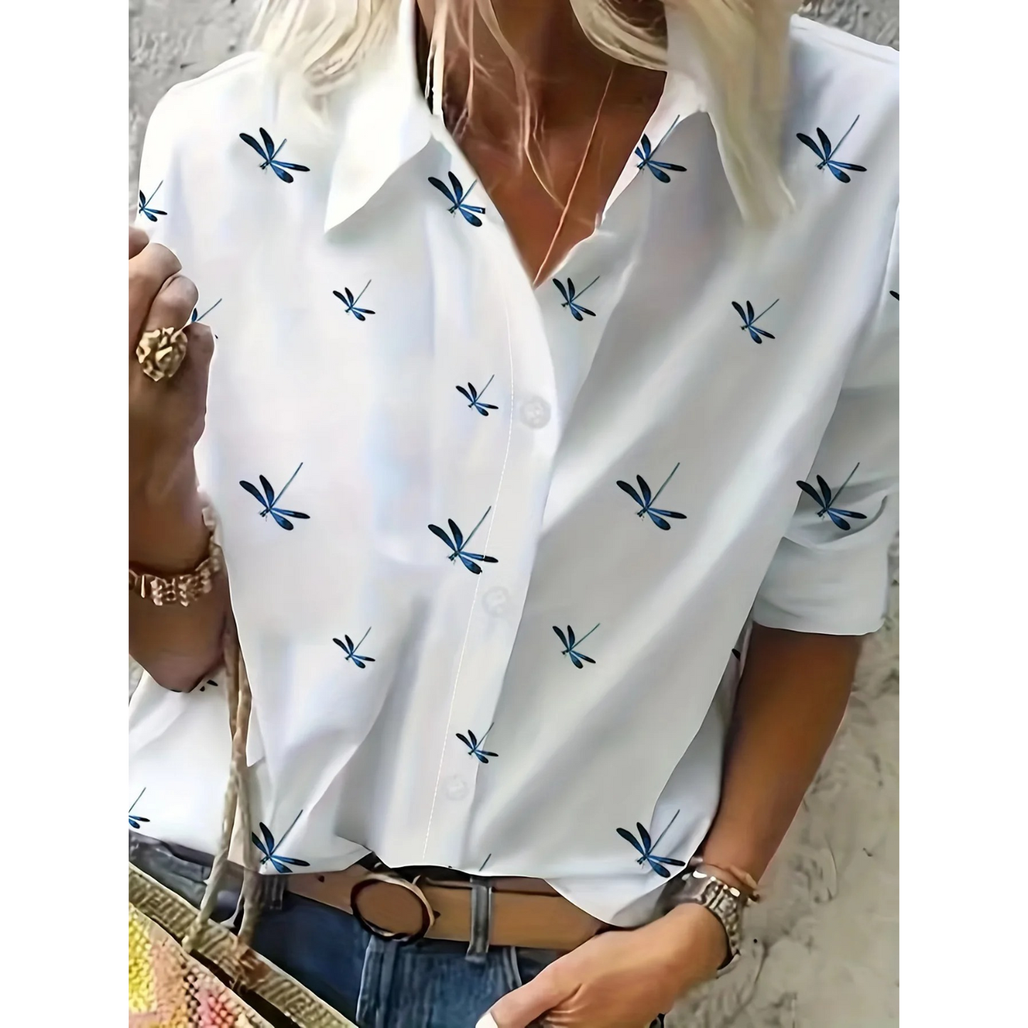 WW | White Elegant Women's Blouse with Floral Pattern and Collar