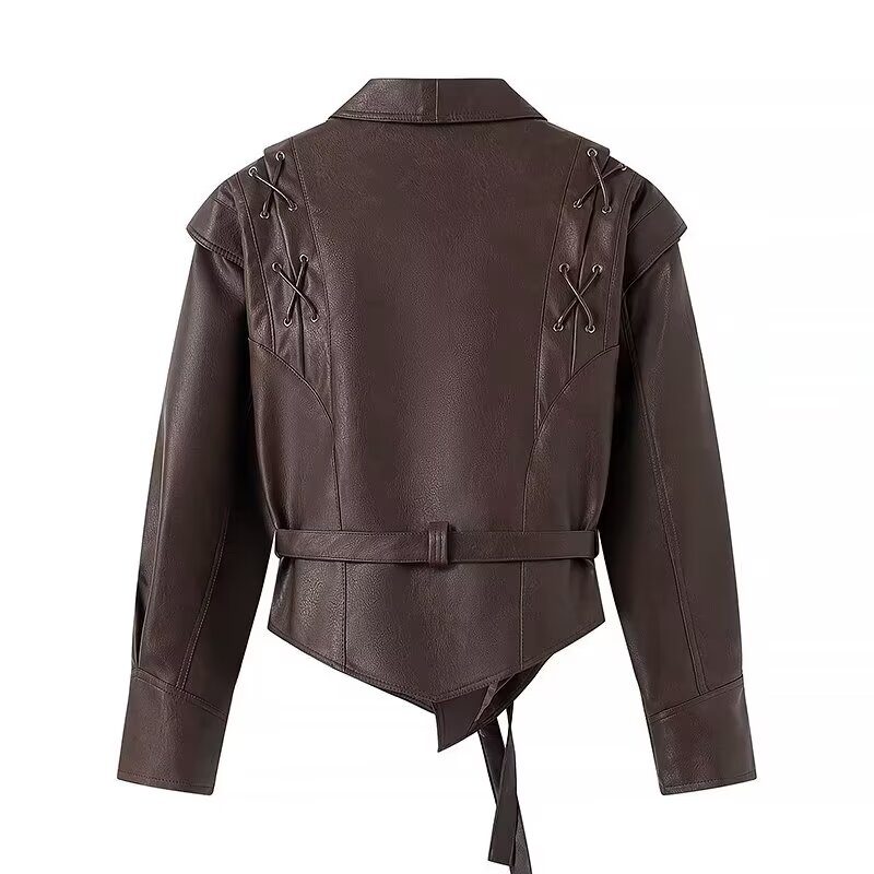 WW | Inspired PU Leather Jacket - Asymmetric Hem - Adjustable Waist Belt - Chic Outerwear