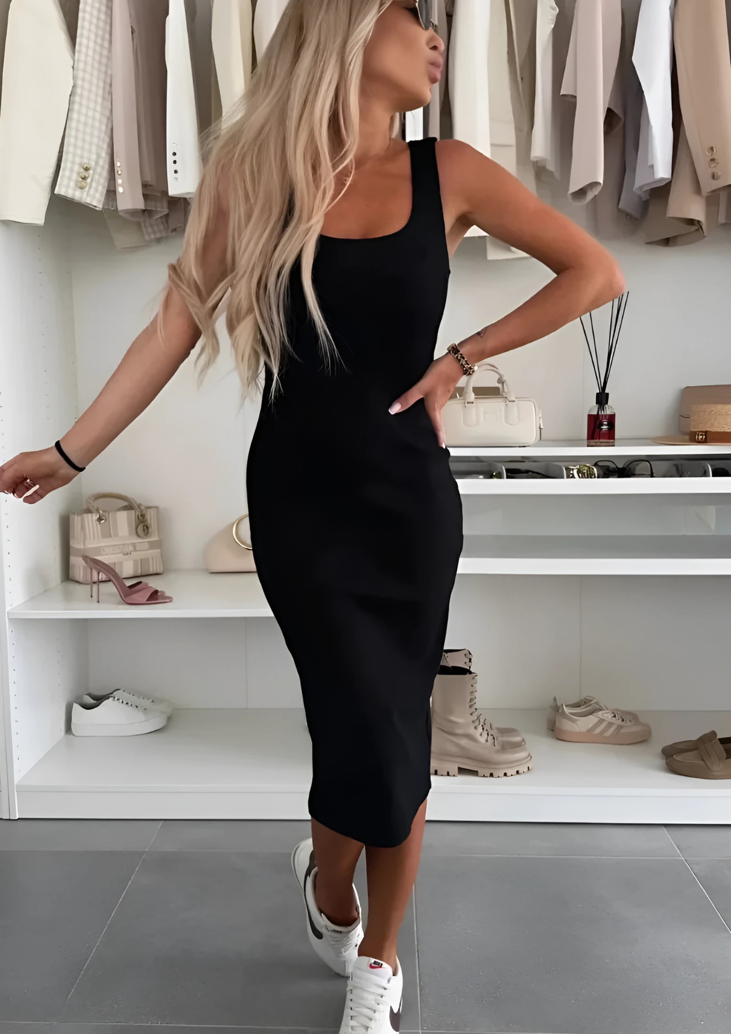 Miru Midi Dress & Cardigan Set - Black