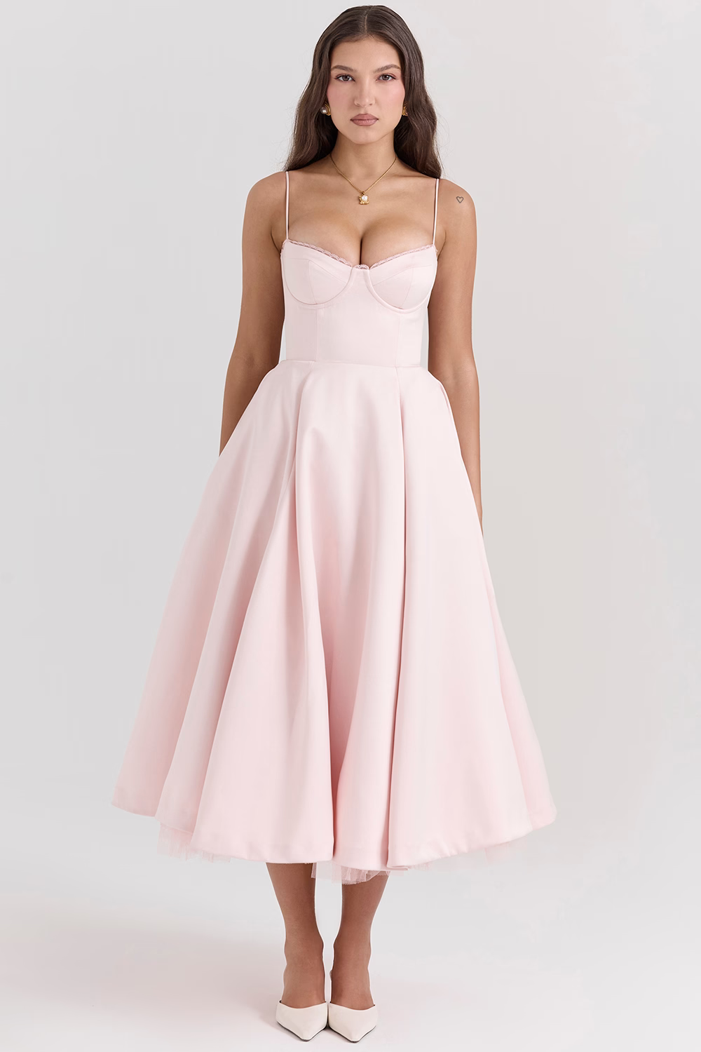 WW | A-linie Midi Kleid Spaghetti Träger Spitzen Detail Elegante Formelle Kleidung