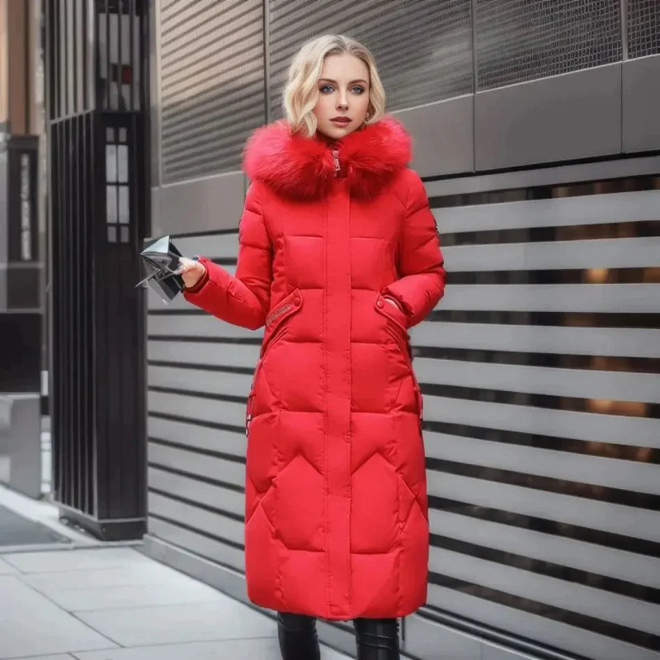 WW | Lange Daunenjacke Gestepptes Design Abnehmbarer Kapuze mit Kunstfell