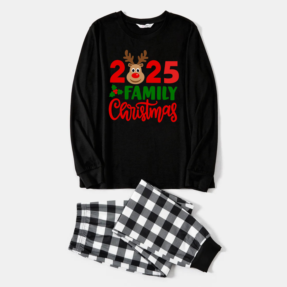 WW | "2025 Familie Weihnachten" Elch Brief Druck Schwarz Langarmtop mit Schwarz- und Weißkarierten Hosen Familie Passende Pyjamas