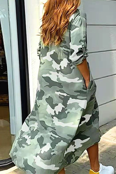 WW | Lässiges Print-Camouflage-Print-Pailletten-Schnallen-Umschlagkragen-Hemdkleid Kleider
