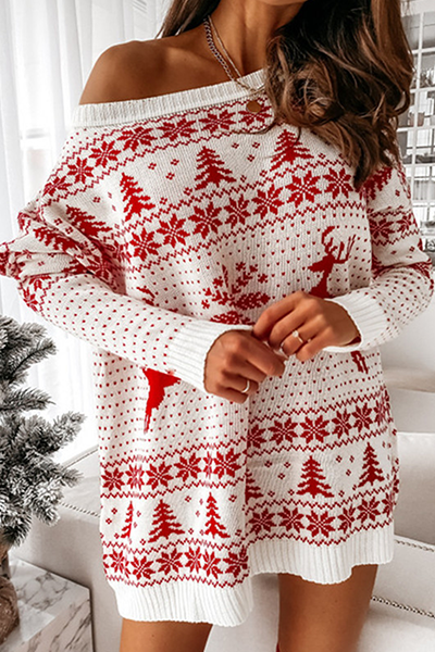 WW | Lässige Wapiti Schneeflocken Weihnachtsbaum Gedruckte Patchwork Kontrast O-Ausschnitt Kleider Pullover