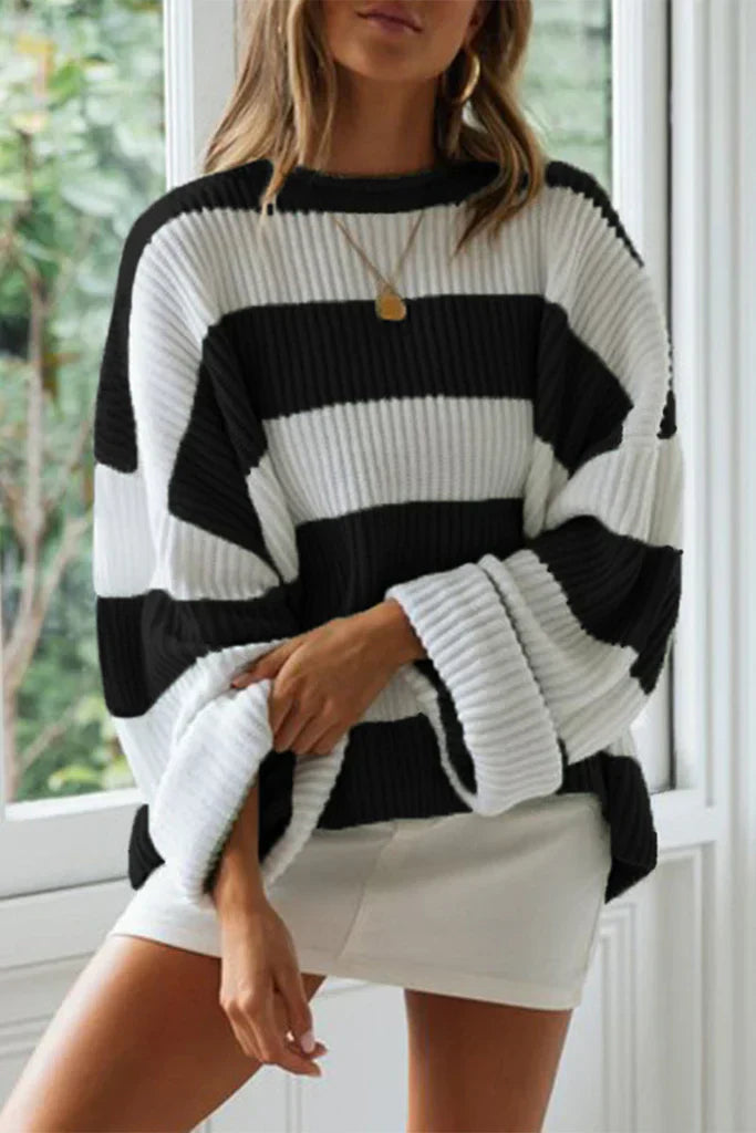 WW | Plus Size Fit Knitted Rib Structure Long Sleeves Crew Neck