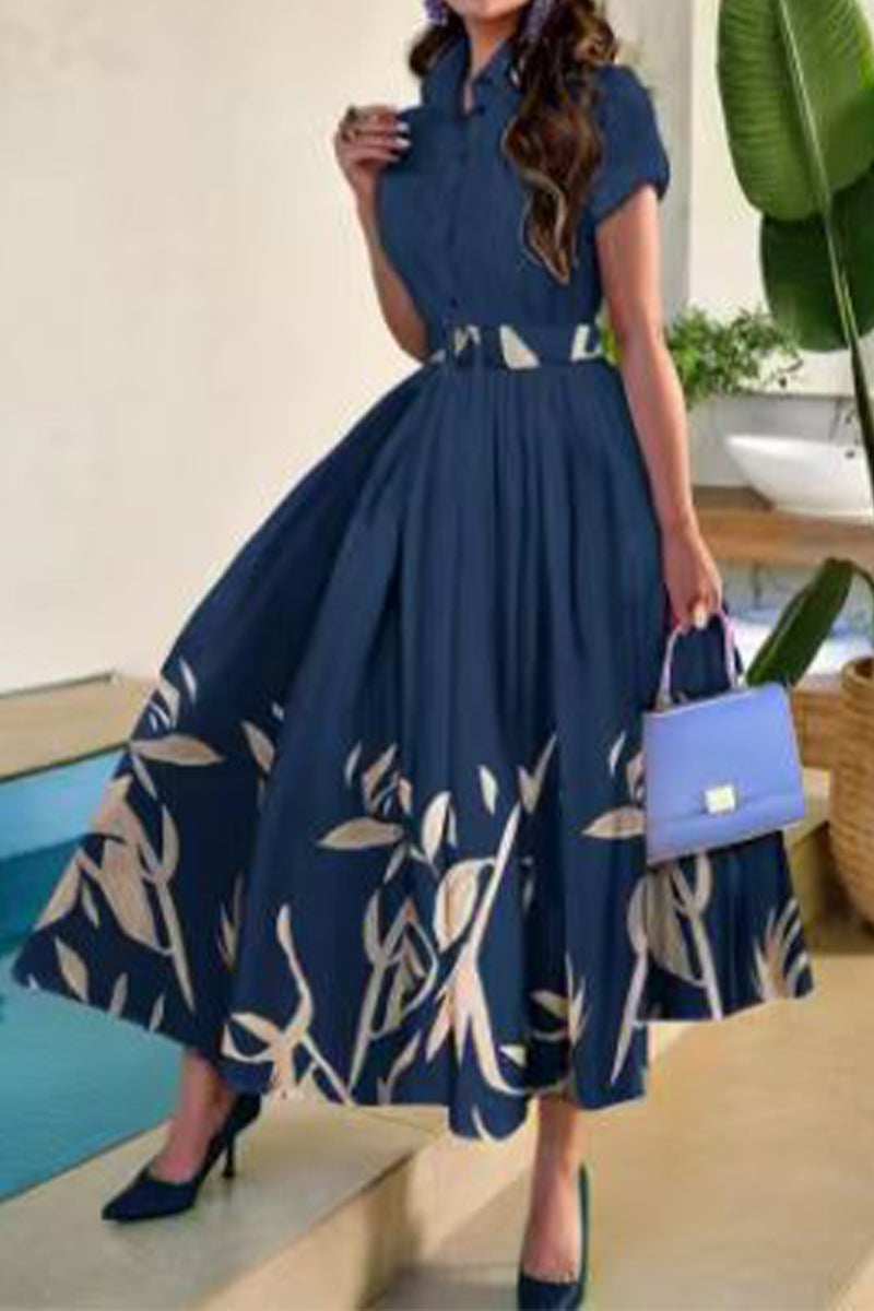WW | Prominente Elegante Florale mit Gürtel Umgeschlagenen Kragen Bedrucktes Kleid Kurzarmkleid