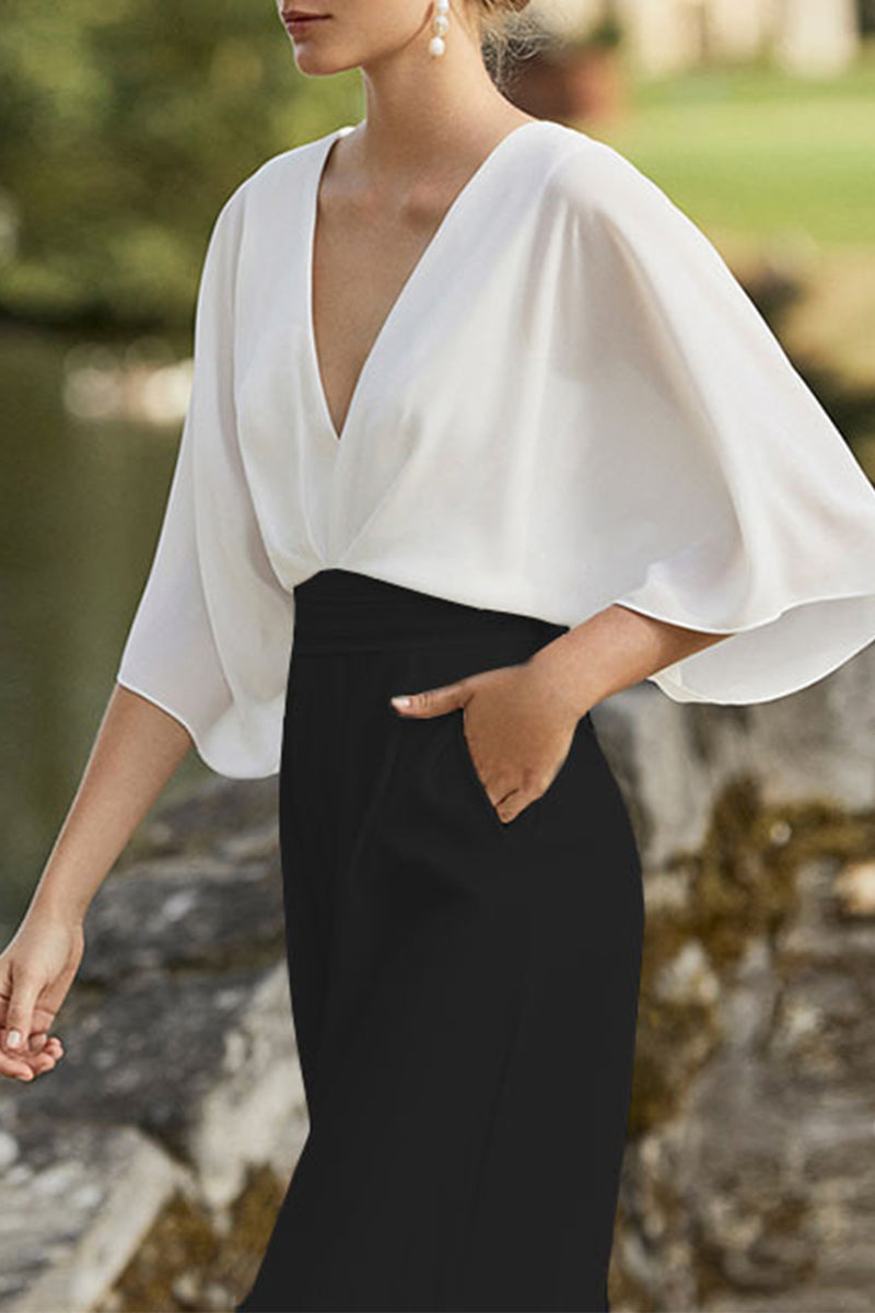 WW | British Style Elegant Colorblock Pocket Contrast V-neck Loose Jumpsuits