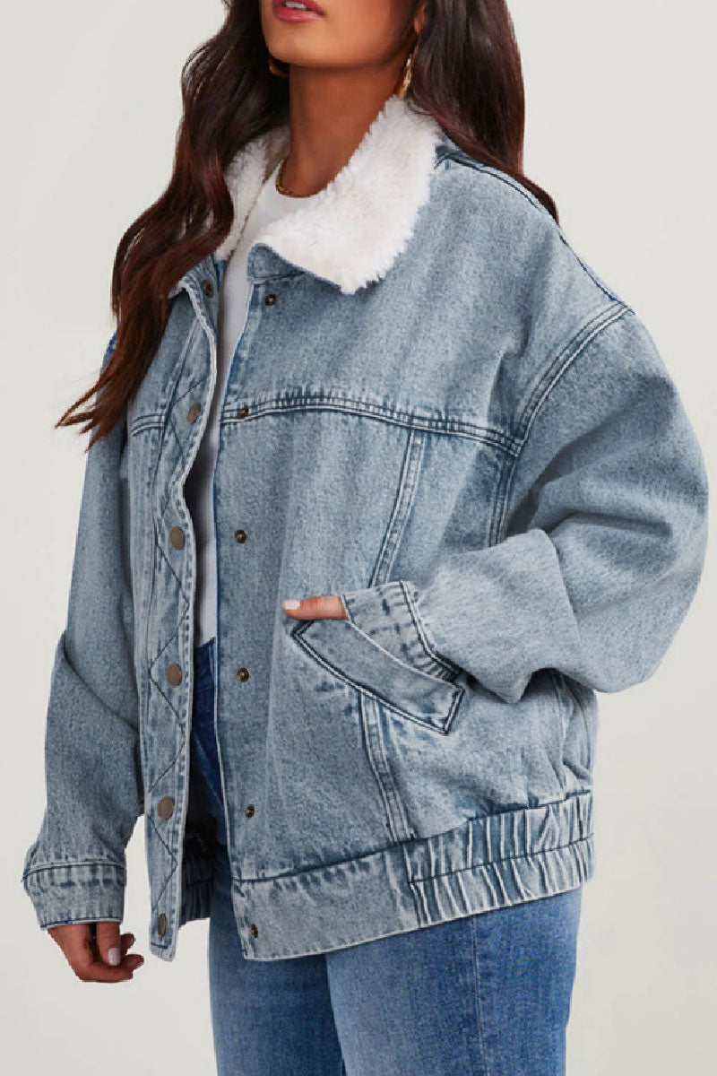 WW | Solide Patchwork Umlegekragen Langarm Reguläre Denimjacke