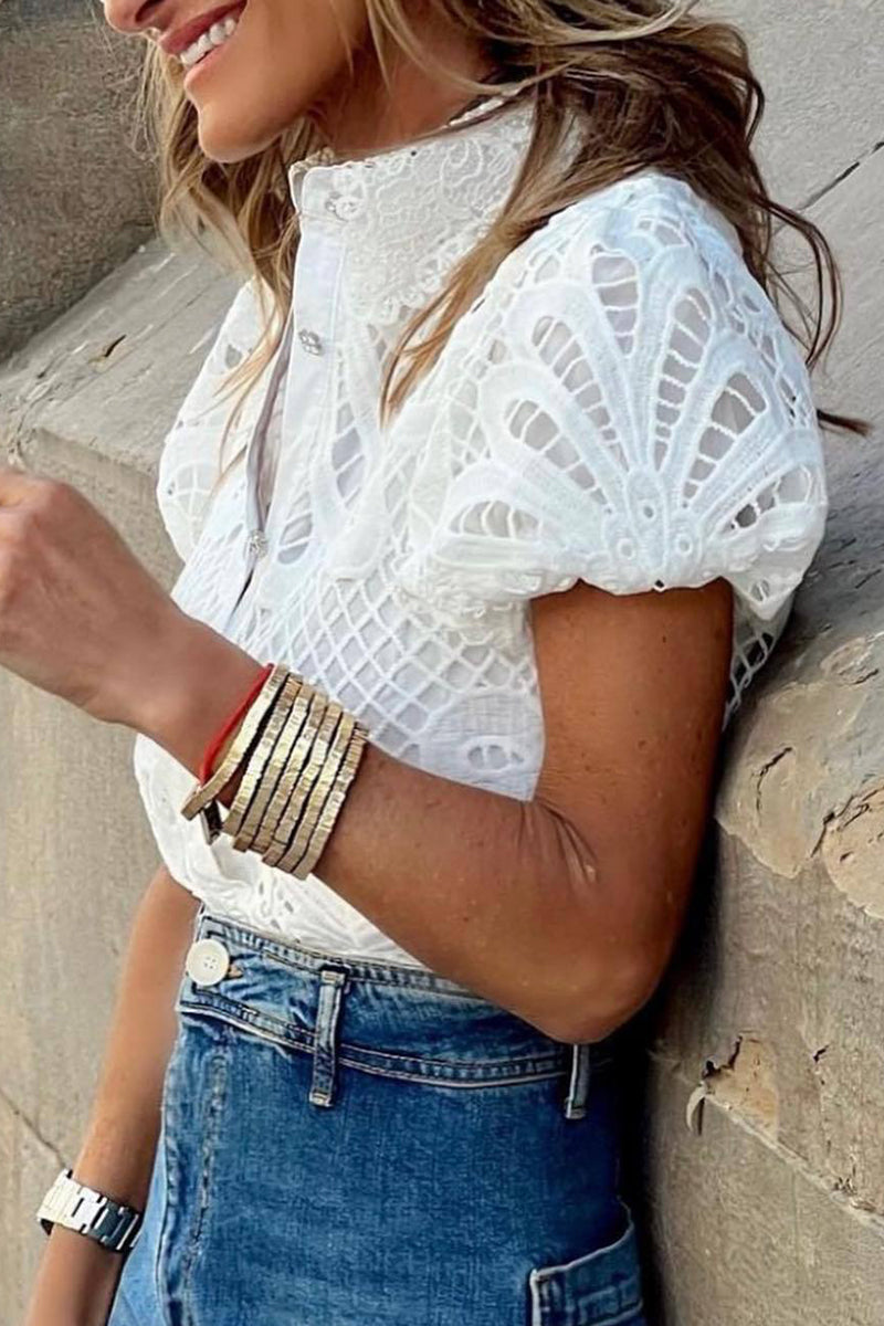 WW | Casual Solid Lace Hollowed Out Turn-down Collar Tops