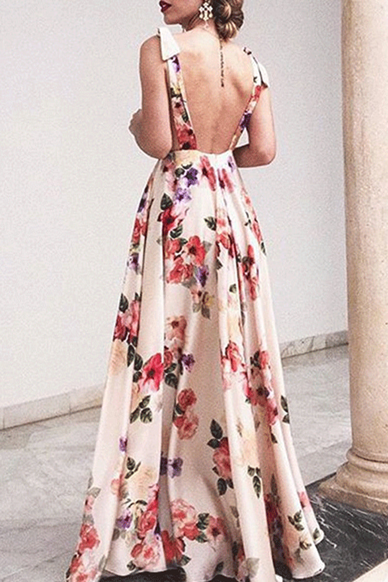WW | Elegantes florales rückenfreies V-Ausschnitt bedrucktes Kleid Kleider