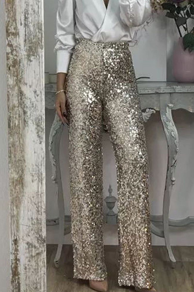 WW | Women's High-Waisted Sequin Straight-Leg Trousers