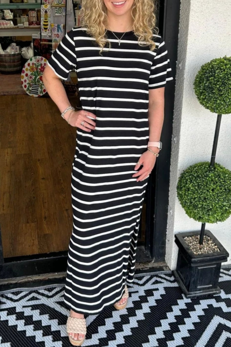 WW | Casual Striped Print Slit O-Neck Long Dresses - 6 Colors