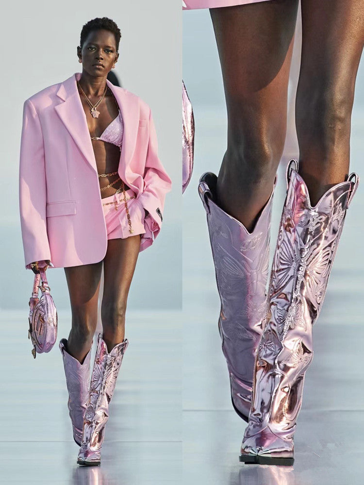 WW | Frauen Hochhackige Metall Spitz Zehen Schleife Bestickte Stiefel