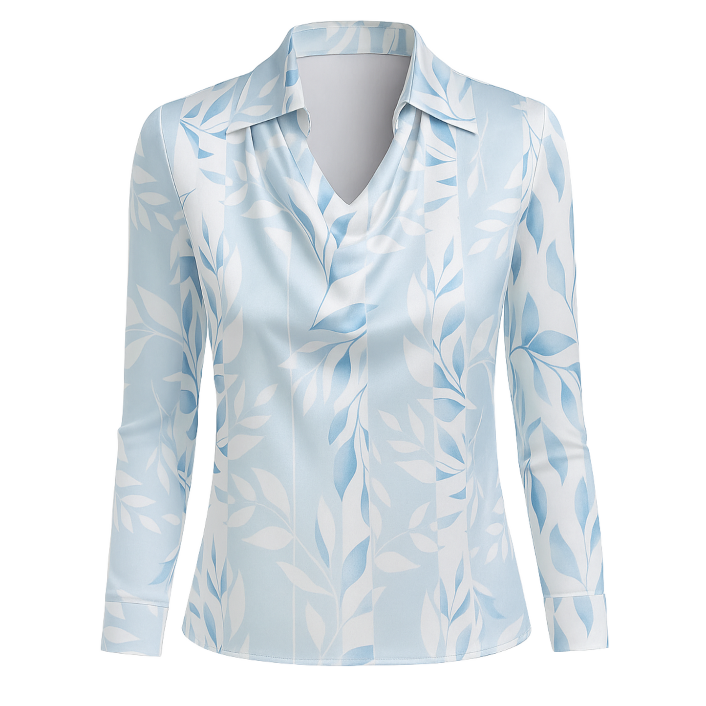 Lynn Elegant Blouse - Light Blue with Leaf Print