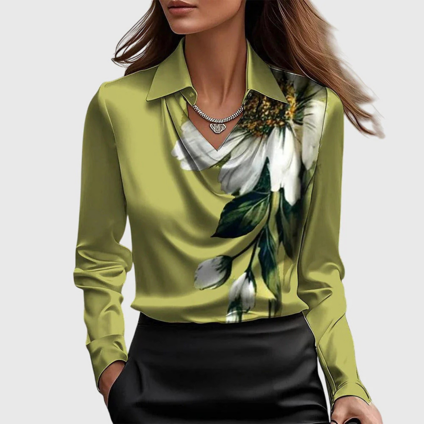 Lynn Elegant Blouse - Green with floral pattern