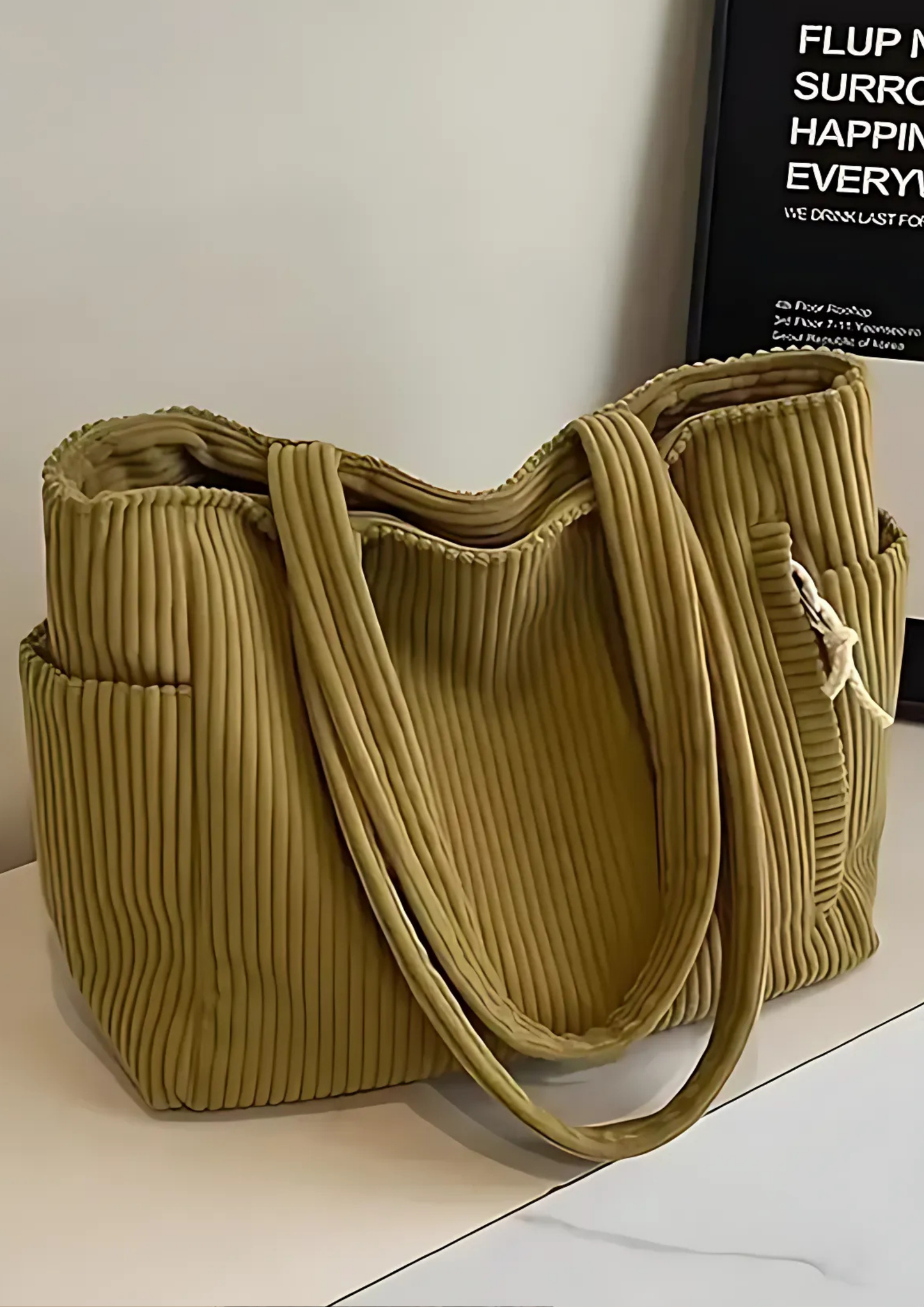 Elaria Ribbed Tote Bag with Cord Detail - Mustard
