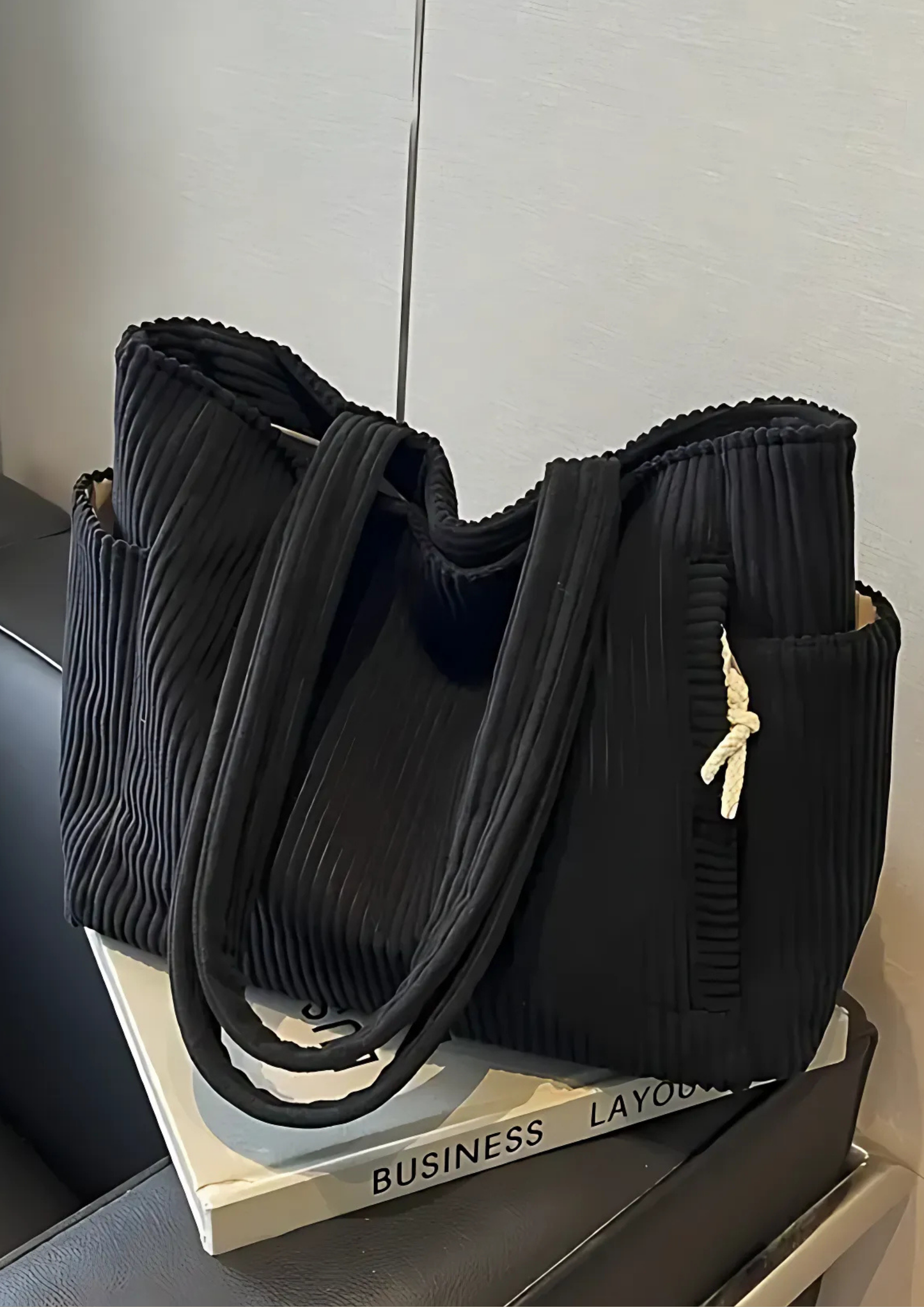 Elaria Ribbed Tote Bag with Drawstring Detail - Black