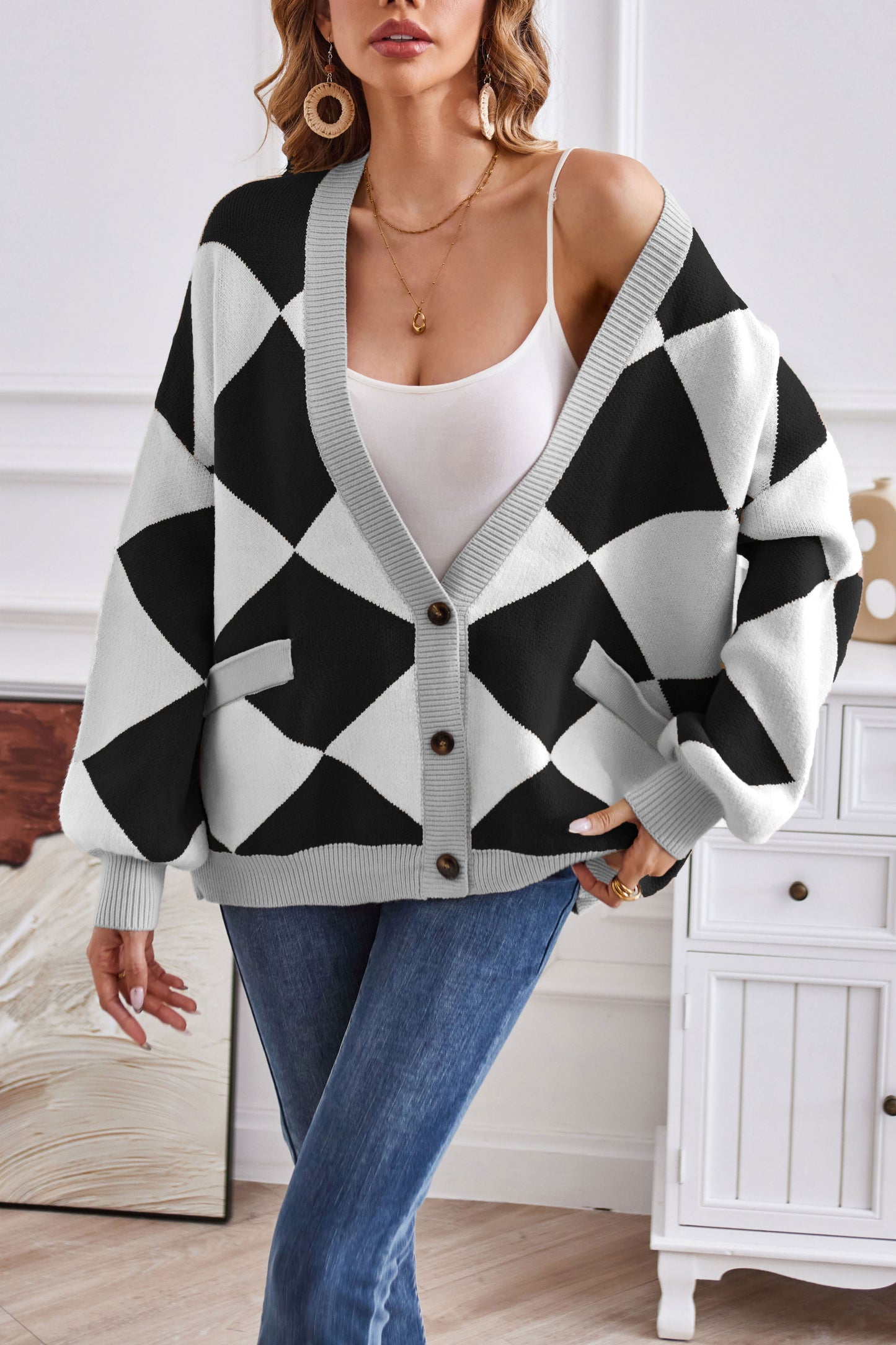 WW | Women's Patchwork Vest with V-Neck and Checks