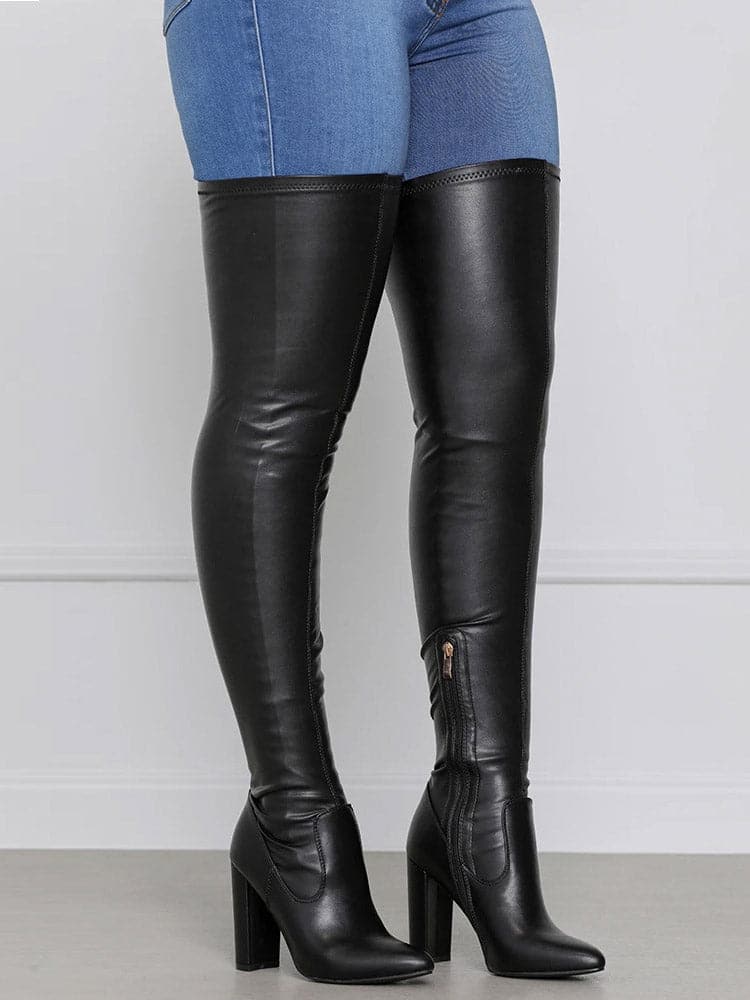 WW | Overknee Stiefel Leder Niedriger Blockabsatz Texturierte Sohle Reißverschlussverschluss