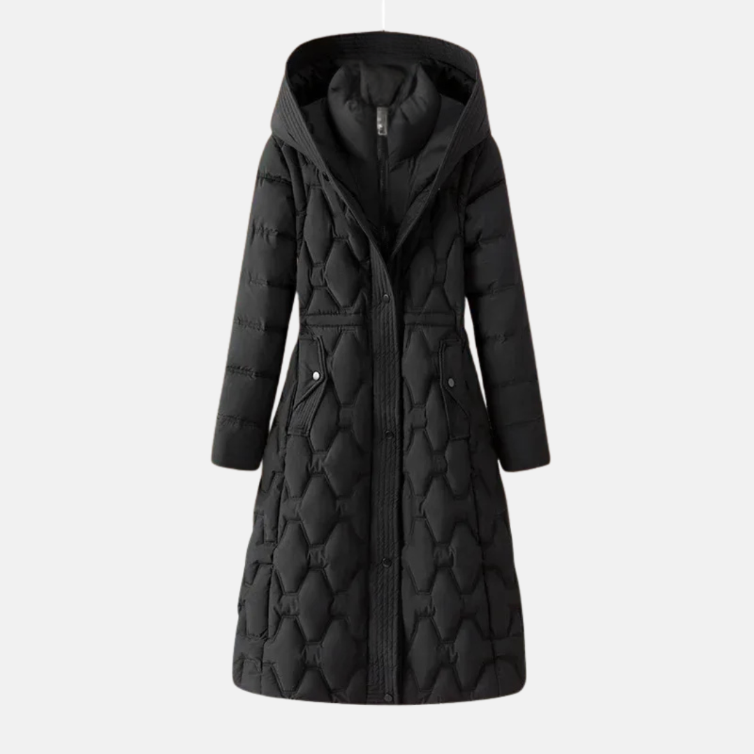 WW | Long Quilted Jacket Fitted Hood Press Studs Flap Pockets