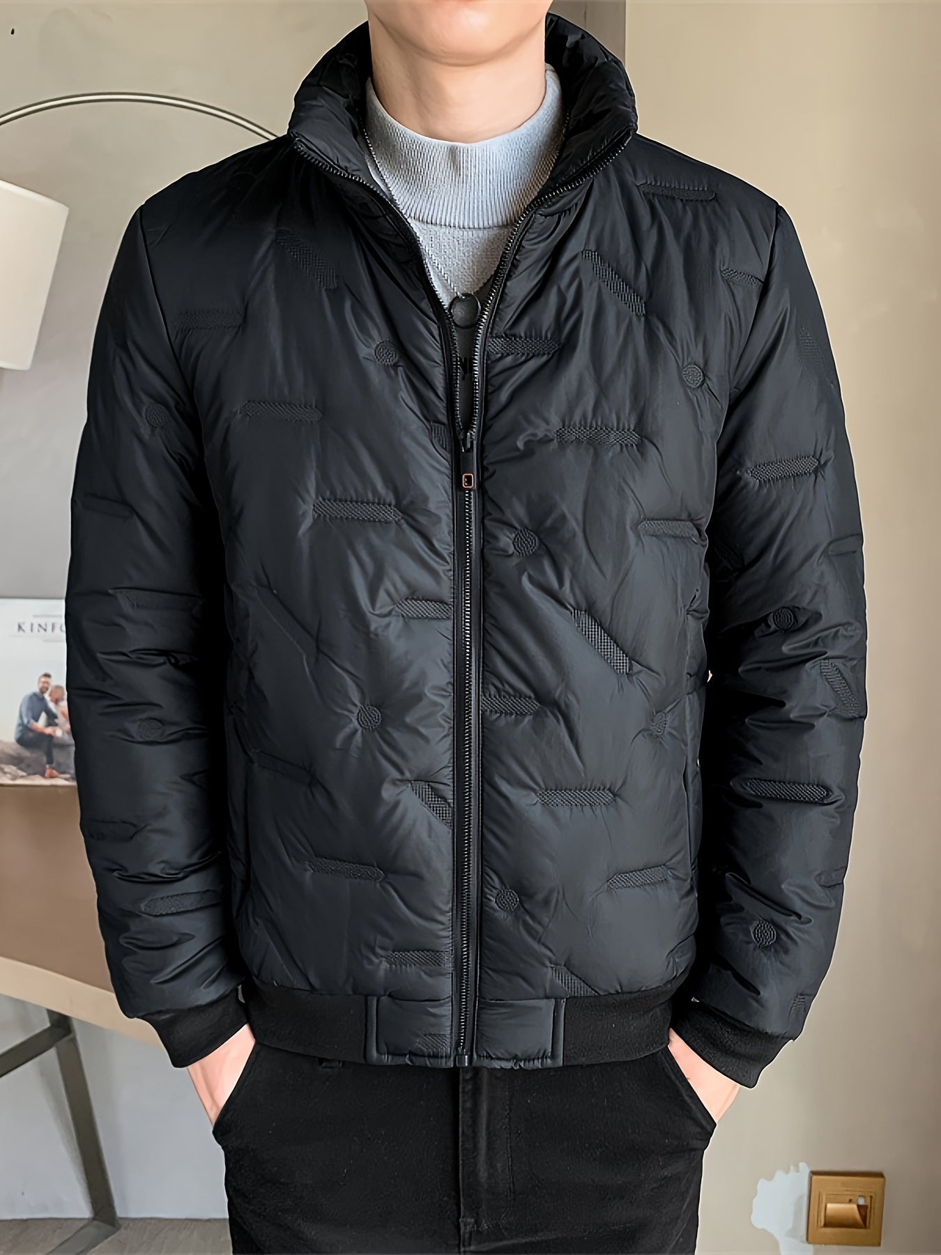 WW | Black Men's Winter Jacket with Zipper and High Collar - Ideal for Autumn/Winter