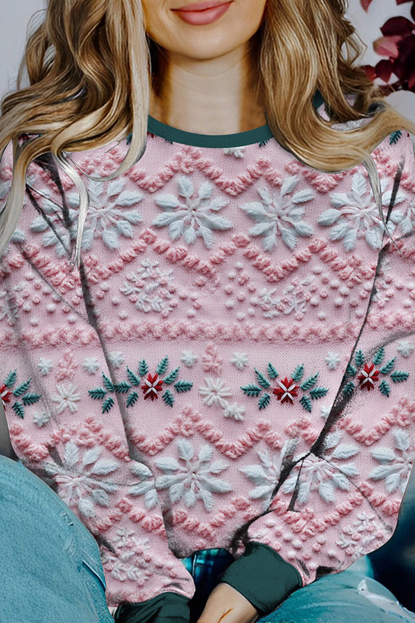 WW | Bedruckter Weihnachtskontrastfarbe Langarm-Pullover Sweatshirt