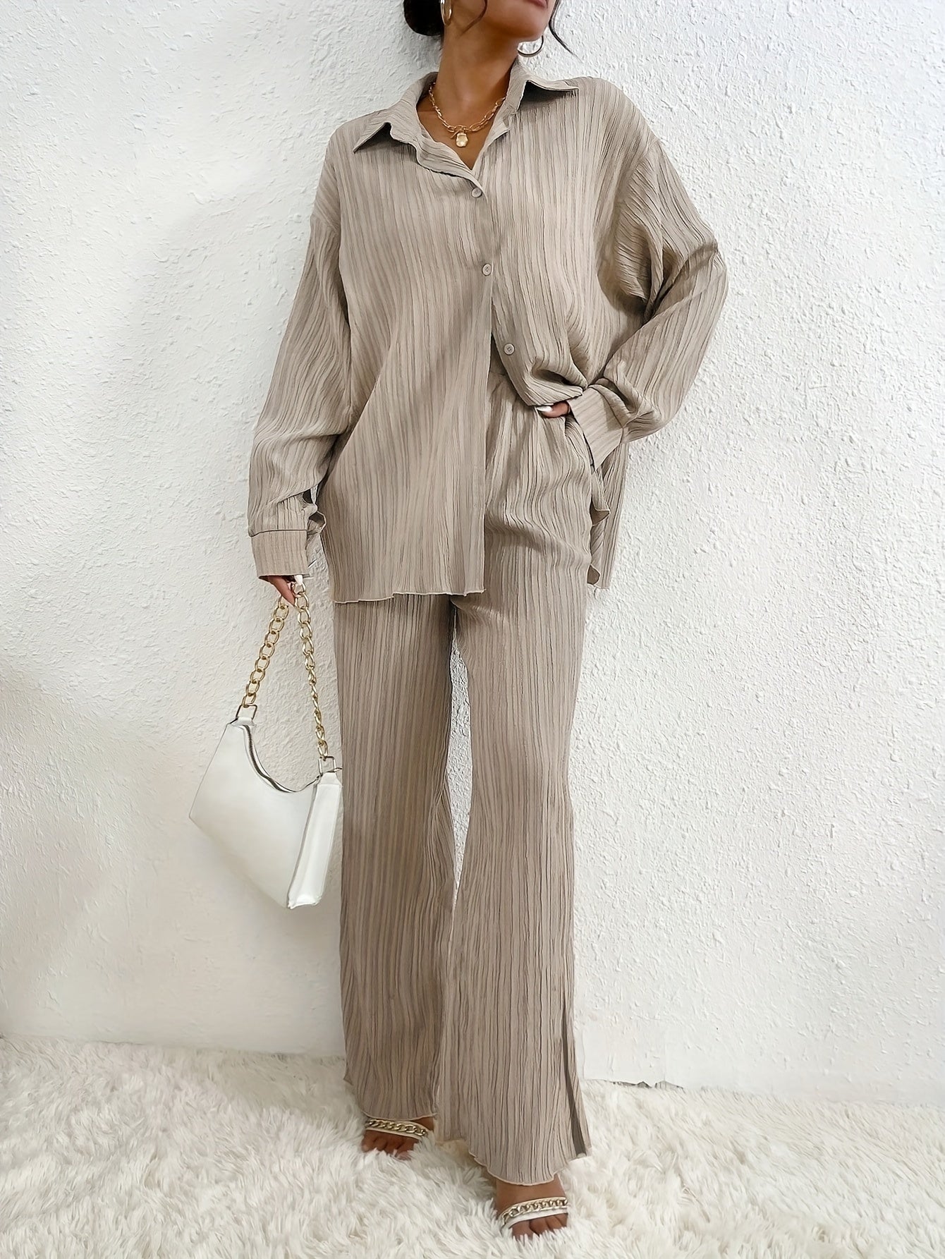 WW | Button-Down & Elastic Waistband Pants Outfit Set for Women - Ideal for Fall/Winter