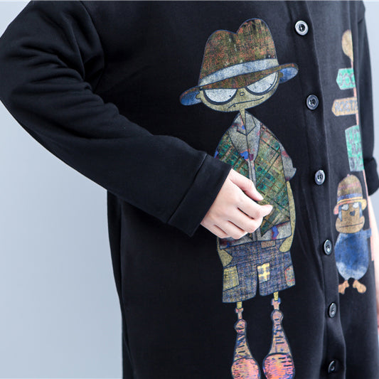 WW | Autumn Black Print Cotton Coats Plus Size Low High Hooded Trench Coats