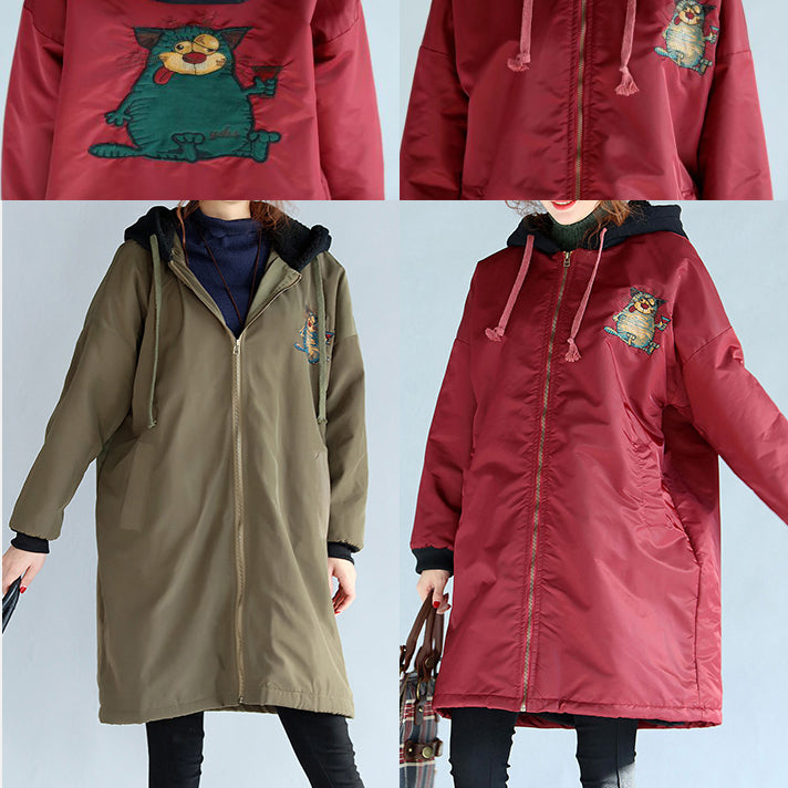 WW | Green Plus Size Cotton Thick Coats Cartoon Prints Hooded Warm Zipper Trench Coats