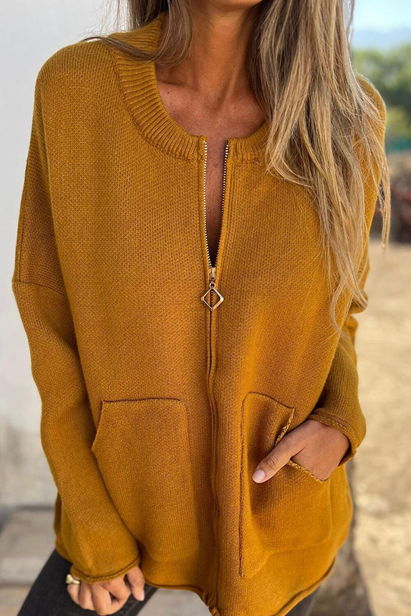 WW | Color Round Neck Long Sleeve Casual Zipper Pocket Cardigan