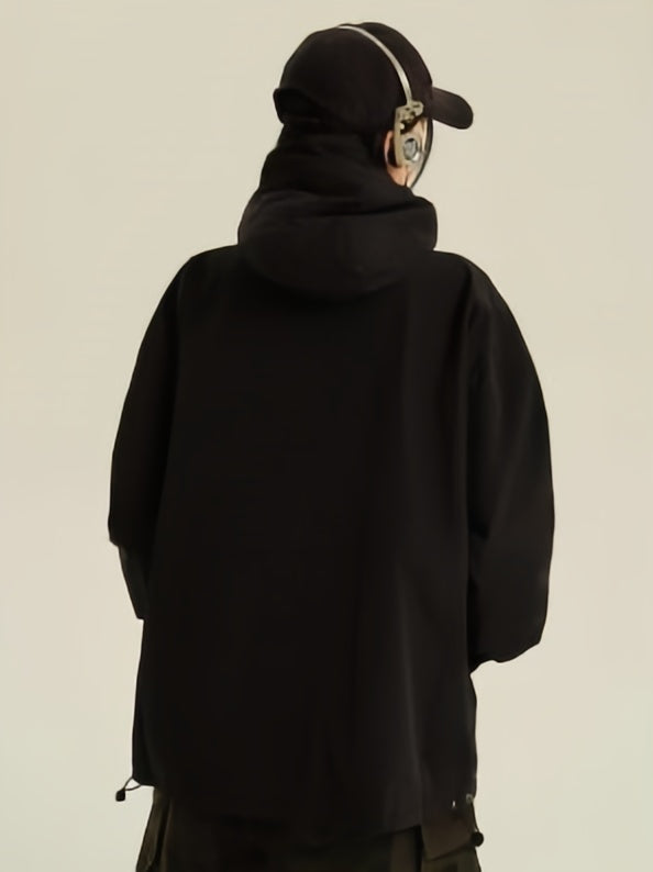 WW | Retro schwarze wasserdichte Outdoor-Jacke mit Kapuze