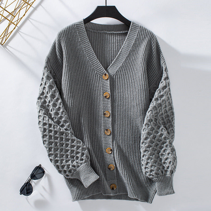 WW | Strickjacke V-Ausschnitt Ballonärmel Weich Und Lockerer Schnitt Knöpfe