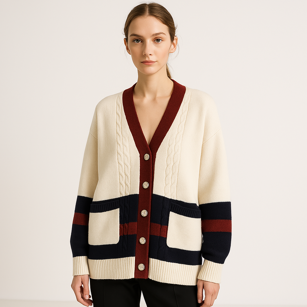 WW | Eleganter Cardigan mit weißen Streifen im Preppy-Stil und lässigem Komfort