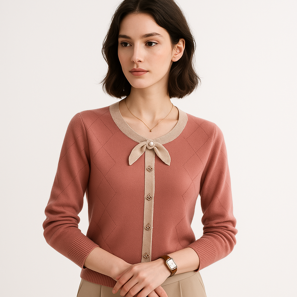WW | Cardigan Rosa Elegante Kontrastierende Details & Schicker und Femininer Knoten