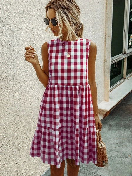 WW | Mode, Locker Geschnittenes Damenkleid mit Rundhalsausschnitt, Kariert Pastelmittelrock