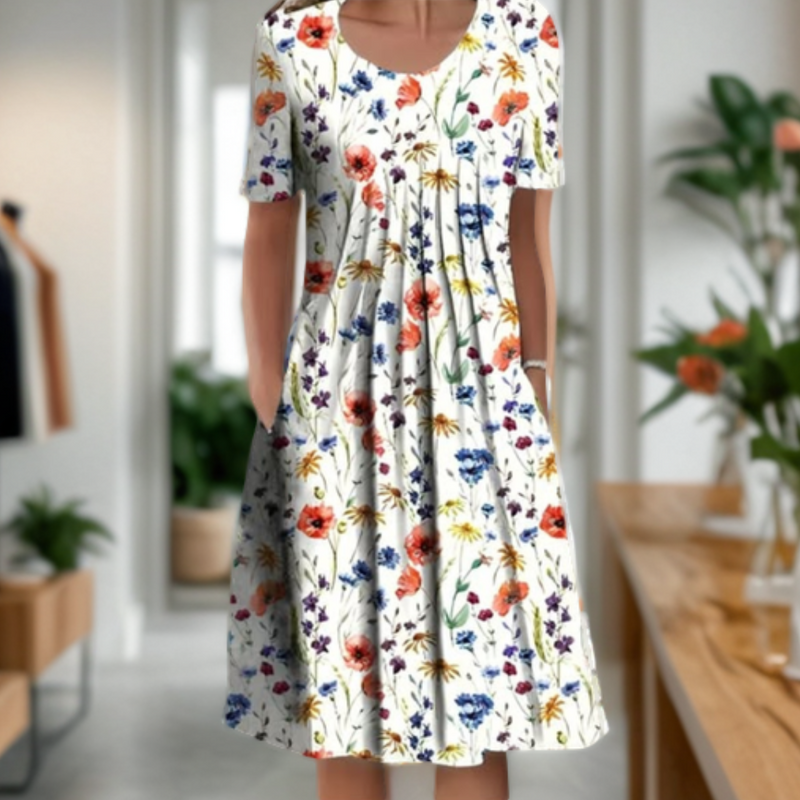 Wide dress with a round neckline, three-quarter sleeves, and a printed design