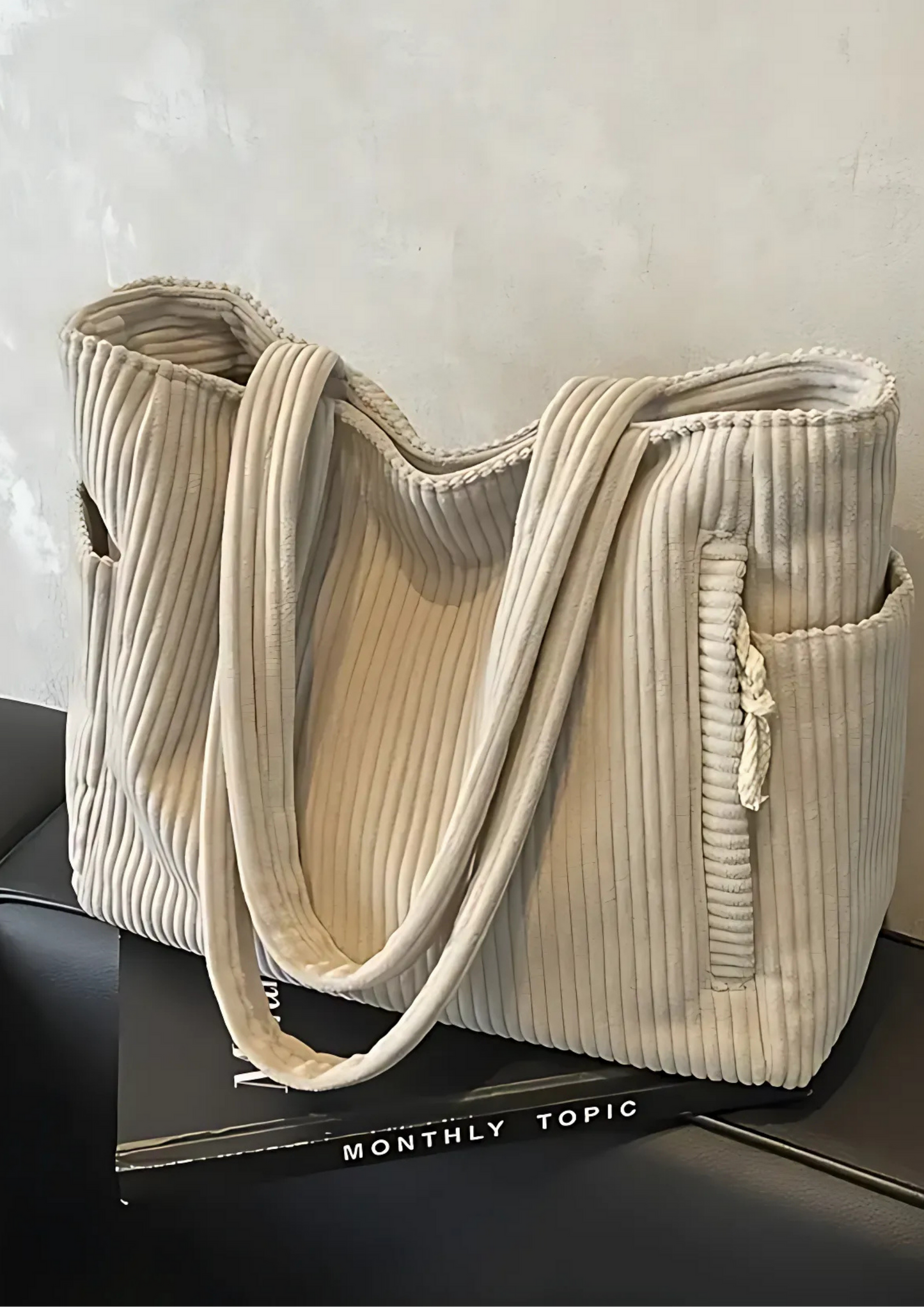Elaria Ribbed Tote Bag with Drawstring Detail - White